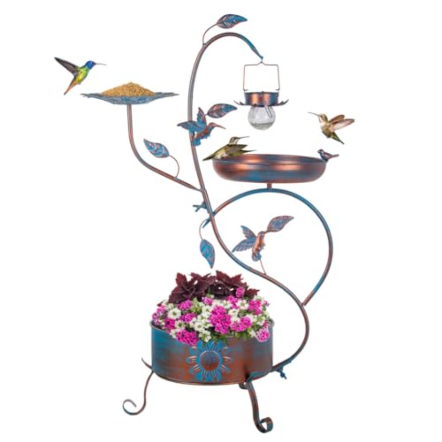 Garden Lighting Decor - Outdoor metal bird bath with planter