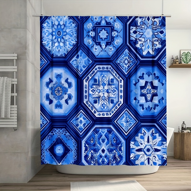 Elements Lighting Decor - Geometric Blue Ethnic Shower Curtain -