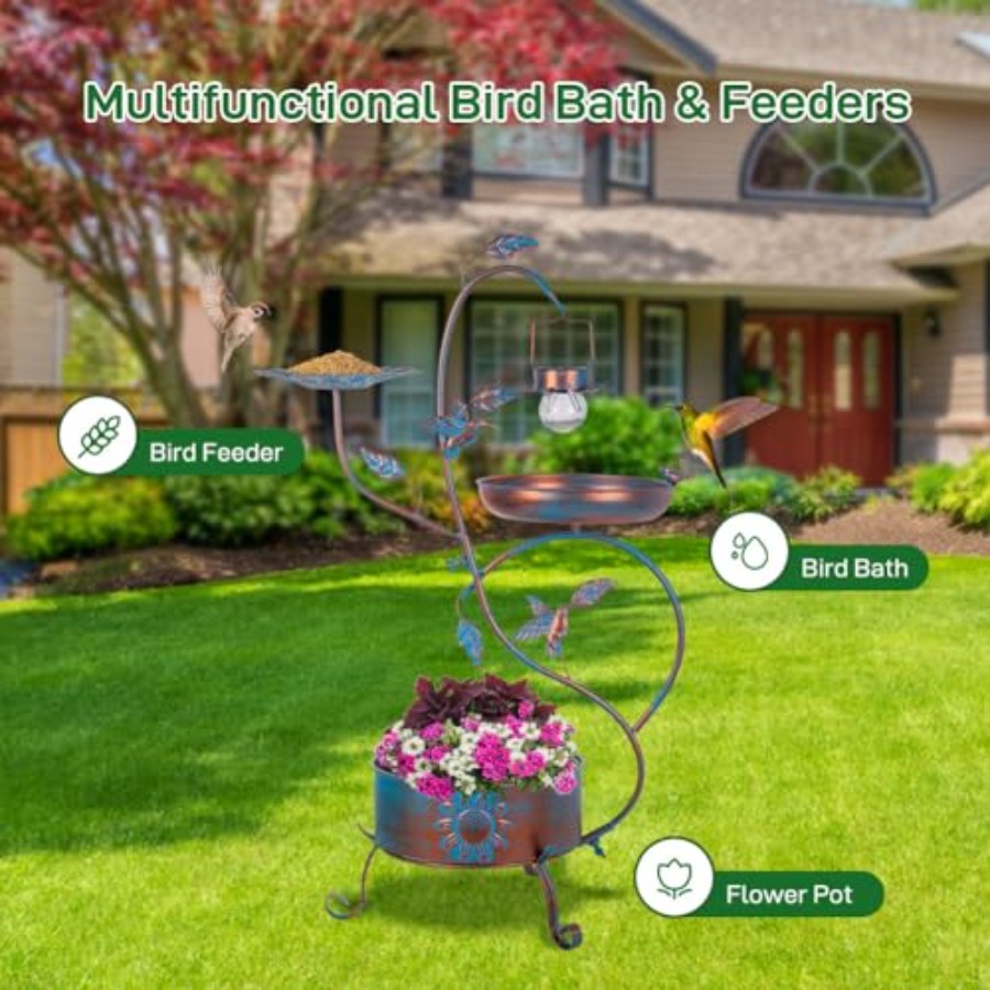Outdoor metal bird bath with p - Garden Lighting Decor reseña y precio