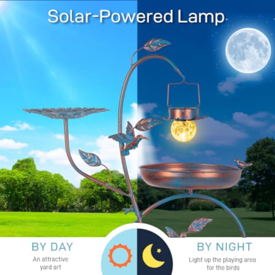 Outdoor metal bird bath with p - Garden Lighting Decor reseña y precio