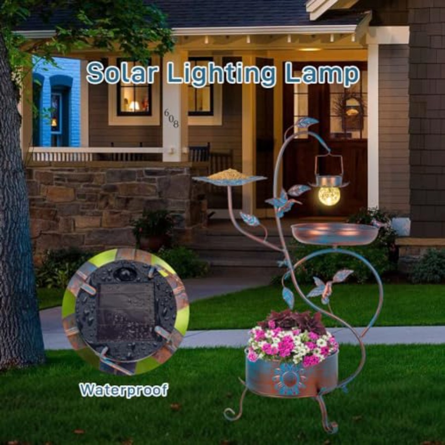 Outdoor metal bird bath with p - Garden Lighting Decor reseña y precio